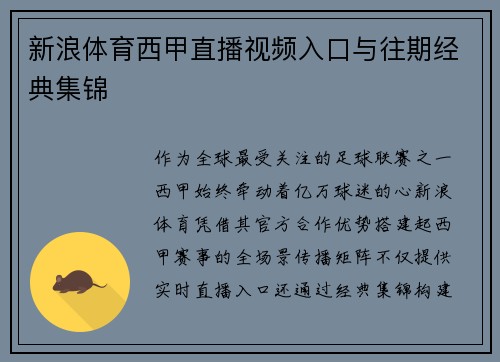 新浪体育西甲直播视频入口与往期经典集锦